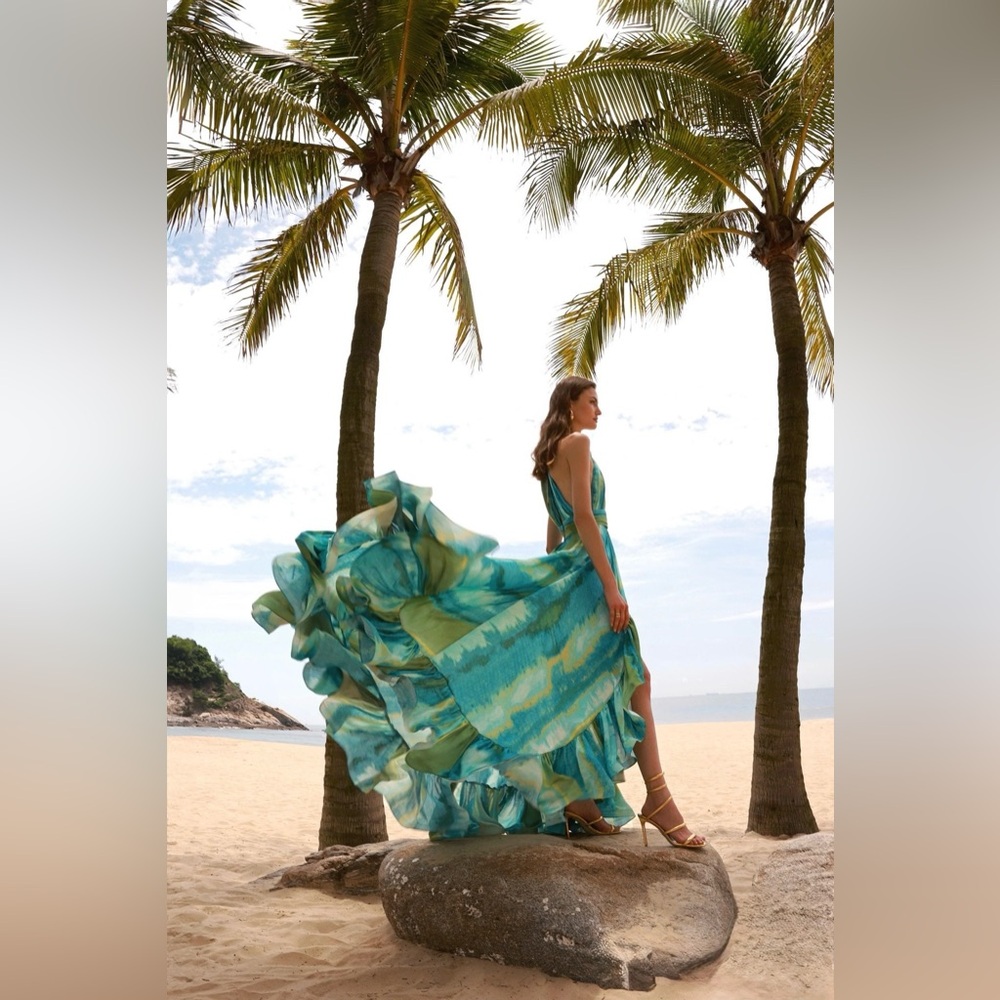 Bronx and Banco Palma Coastal Gown Teal & Lime Halter High-Low Ruffle Maxi Dress - Picture 4 of 17